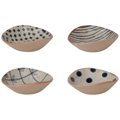 Four small stoneware dip dishes in checker, stripe, crosshatch, and dot patterns in neutral tones - PABOOM