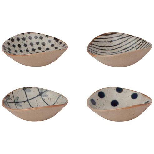 Four small stoneware dip dishes in checker, stripe, crosshatch, and dot patterns in neutral tones - PABOOM