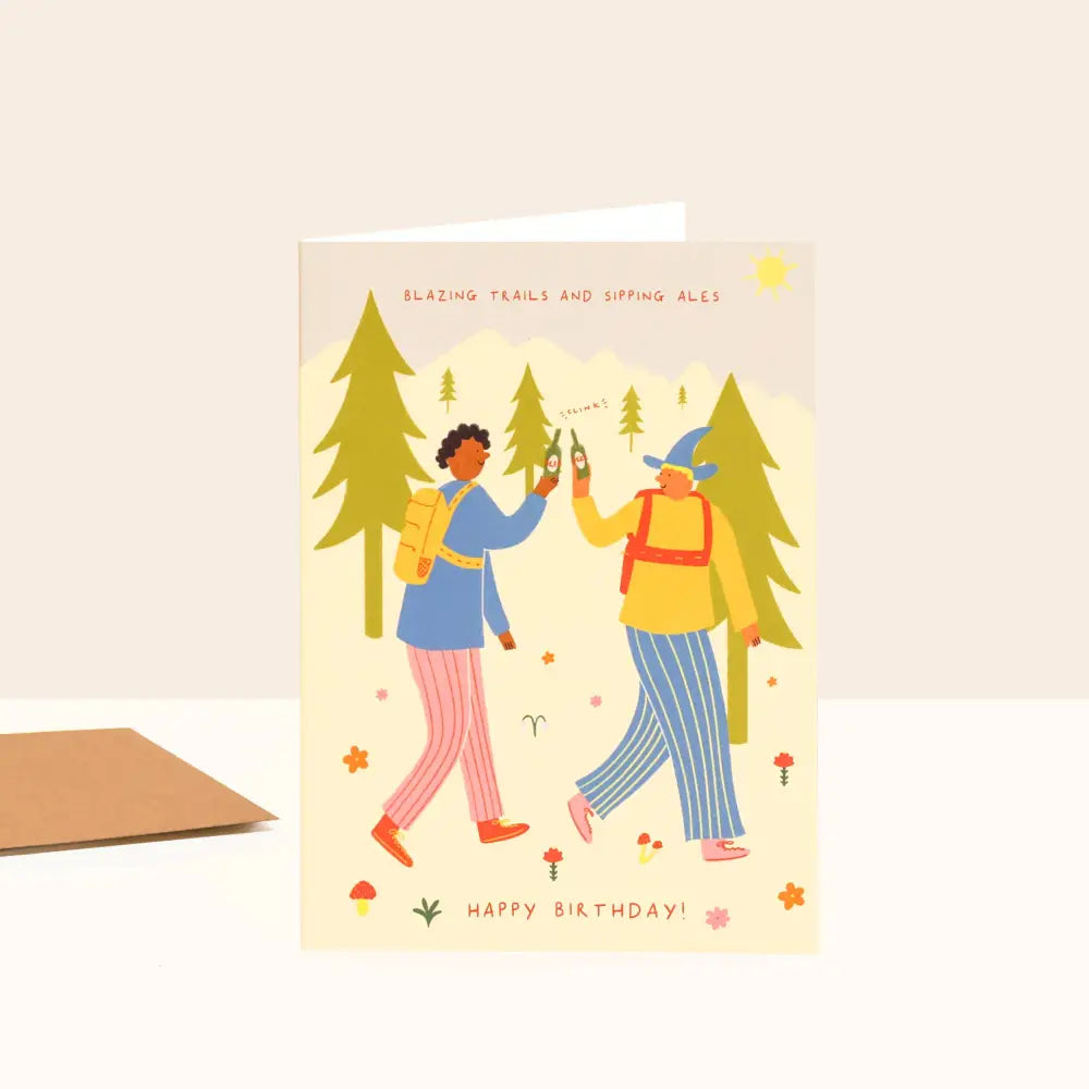 Little Black Cat Illustrated Goods - Blazing Trails Sipping Ales Birthday Card | Hiking