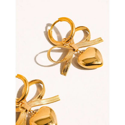 Addie 18K Gold Non-Tarnish Bow Dangle Heart Earring - PABOOM