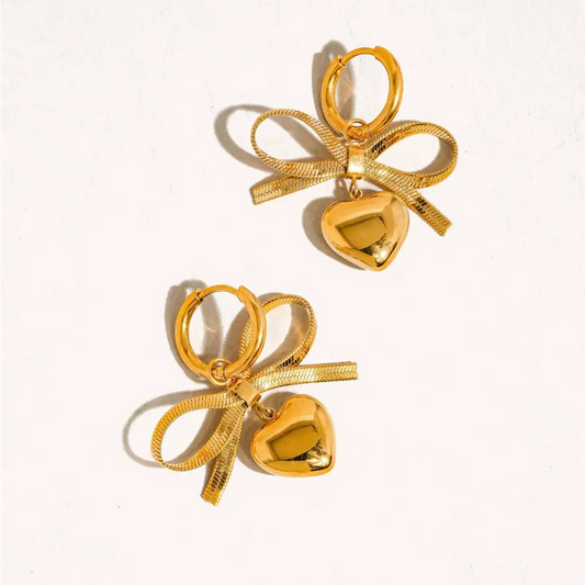 Addie 18K Gold Non-Tarnish Bow Dangle Heart Earring - PABOOM