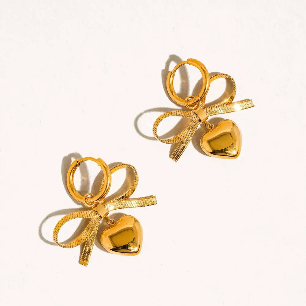 Addie 18K Gold Non-Tarnish Bow Dangle Heart Earring - PABOOM