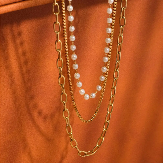 Cadeaux 18K Gold Non-Tarnish Stacked Pearl Chain Necklace - PABOOM