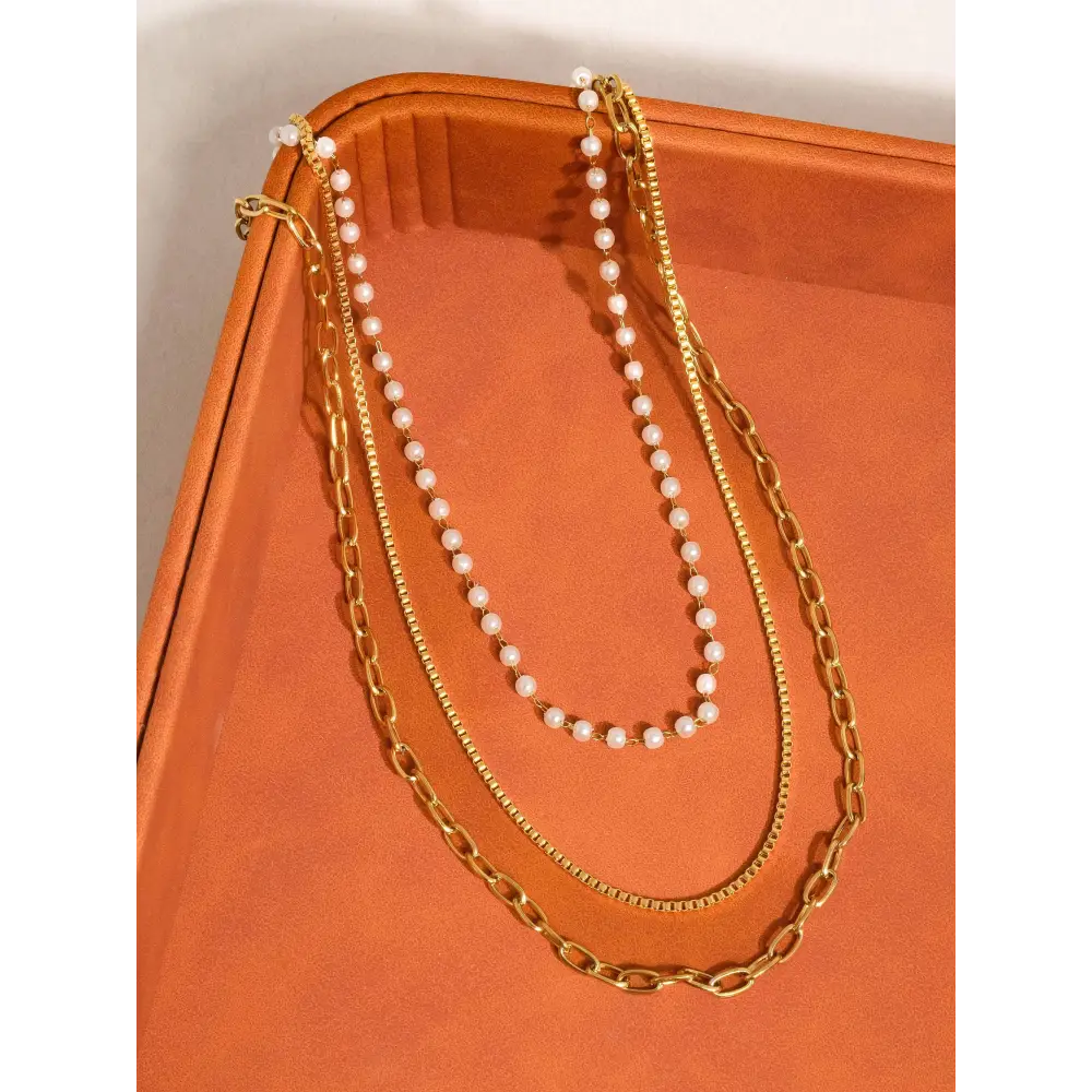 Cadeaux 18K Gold Non-Tarnish Stacked Pearl Chain Necklace - PABOOM