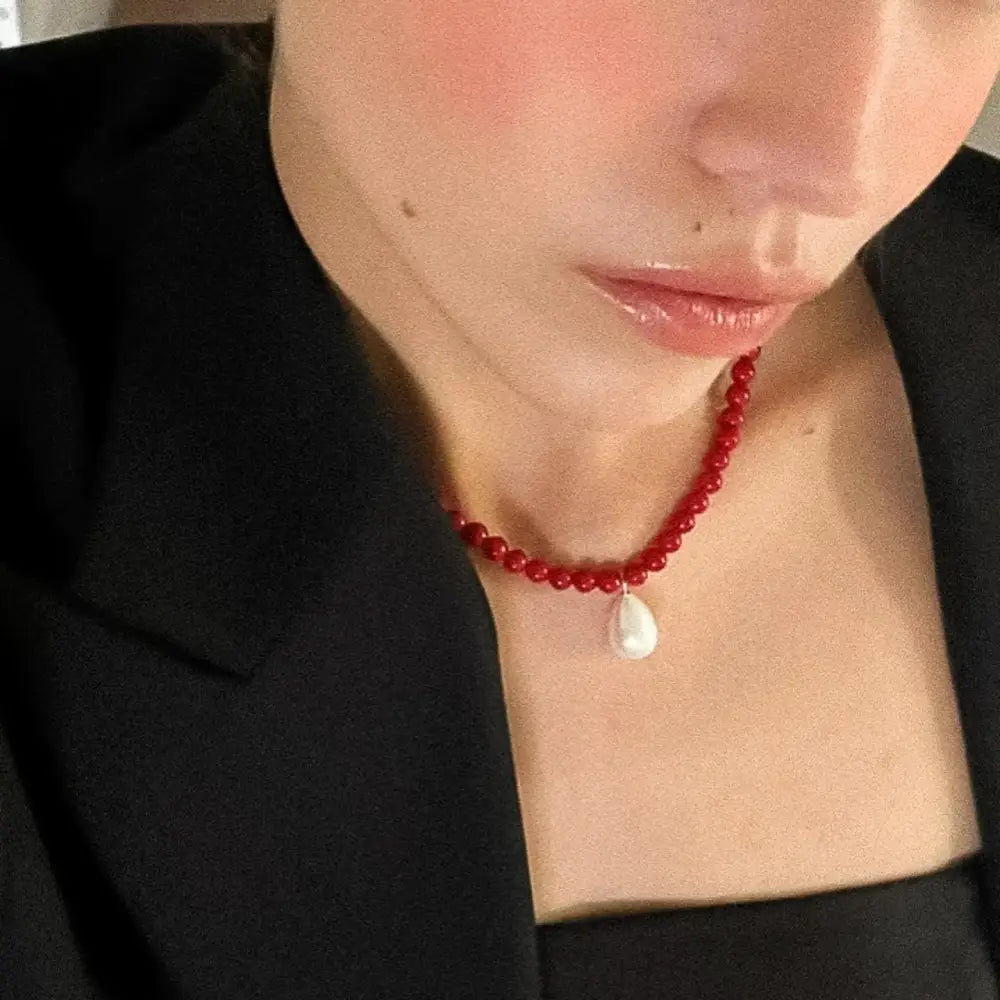 Joyeux Red Beaded Pearl Necklace - PABOOM