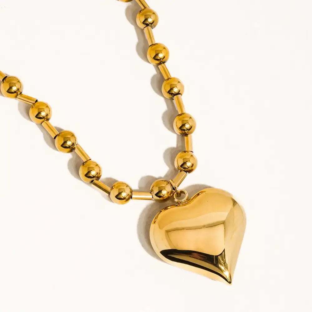 Paris Gold Large Heart Necklace On Ball Chain 15” - PABOOM