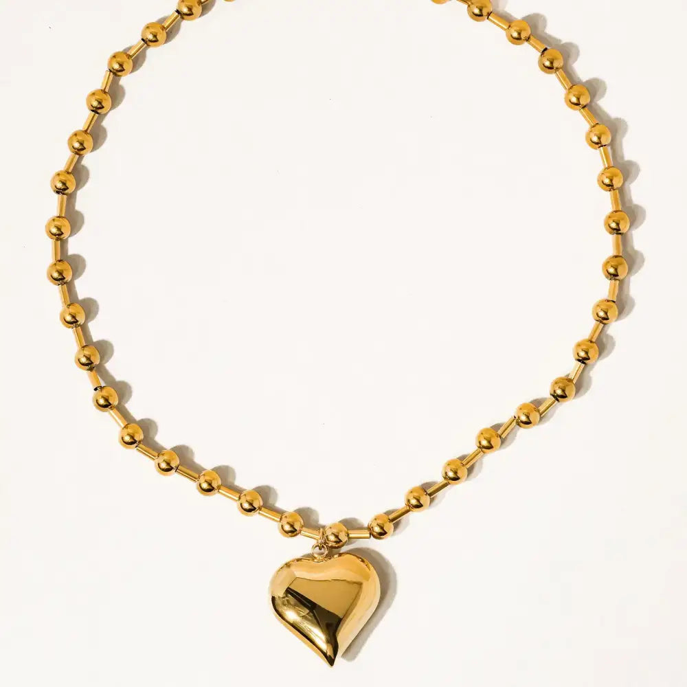 Paris Gold Large Heart Necklace On Ball Chain 15” - PABOOM