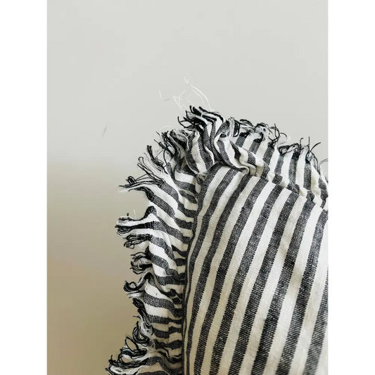 Linen Frayed Edge Ruffle Cushion Cover Charcoal Pinstripes - PABOOM