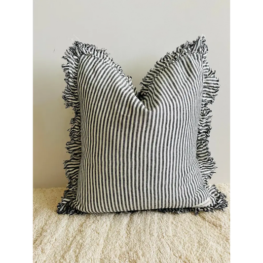 Linen Frayed Edge Ruffle Cushion Cover Charcoal Pinstripes - PABOOM