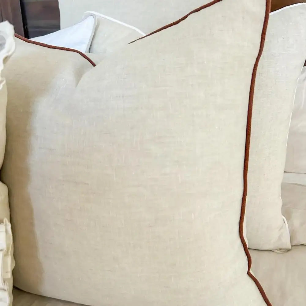 Piped Linen Cushion Cover Natural + Coffee - PABOOM