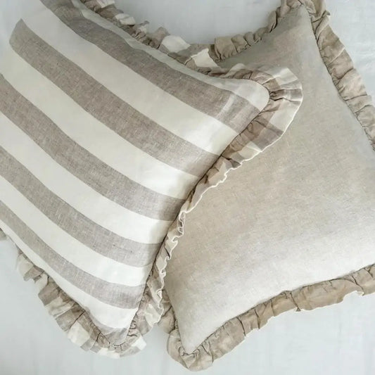 Reversible Linen Ruffle Cushion Cover Natural Gingham - PABOOM