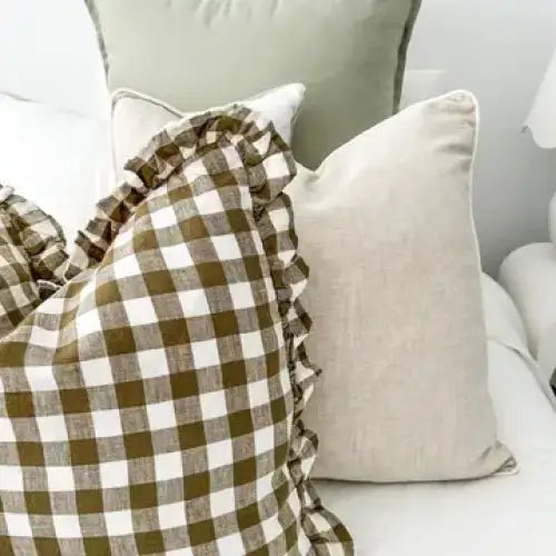 Reversible Linen Ruffle Cushion Cover Natural Gingham - PABOOM