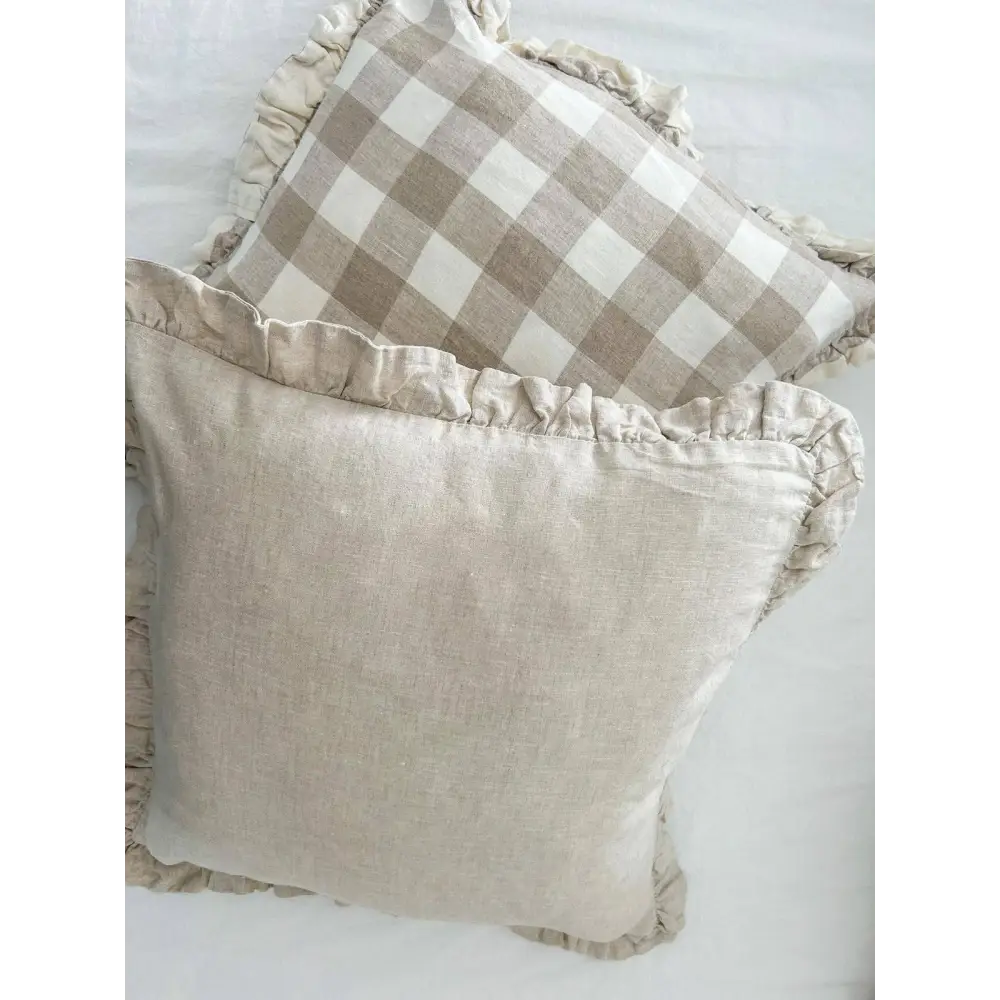 Reversible Linen Ruffle Cushion Cover Natural Gingham - PABOOM