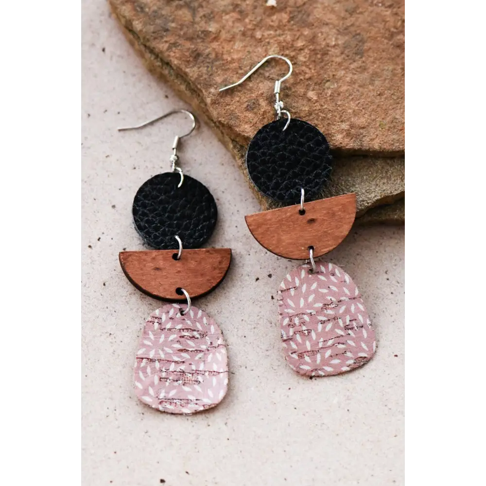 Mia Accessories - Printed Cork Earrings with Wood & Leather - 6842 S0OX3T6842 Pink