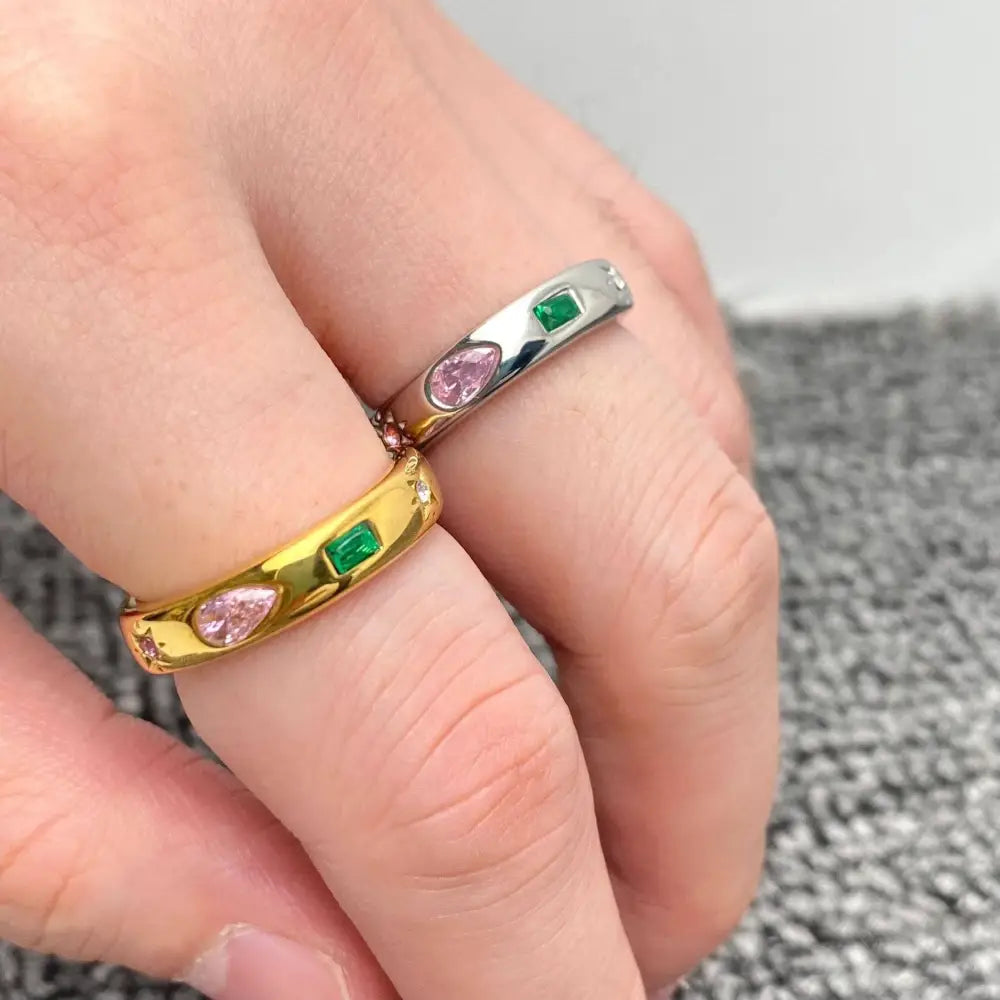 Mio Queena - Inlaid Colored Cubic Zirconia 18K Gold Plated SS Ring -FGS