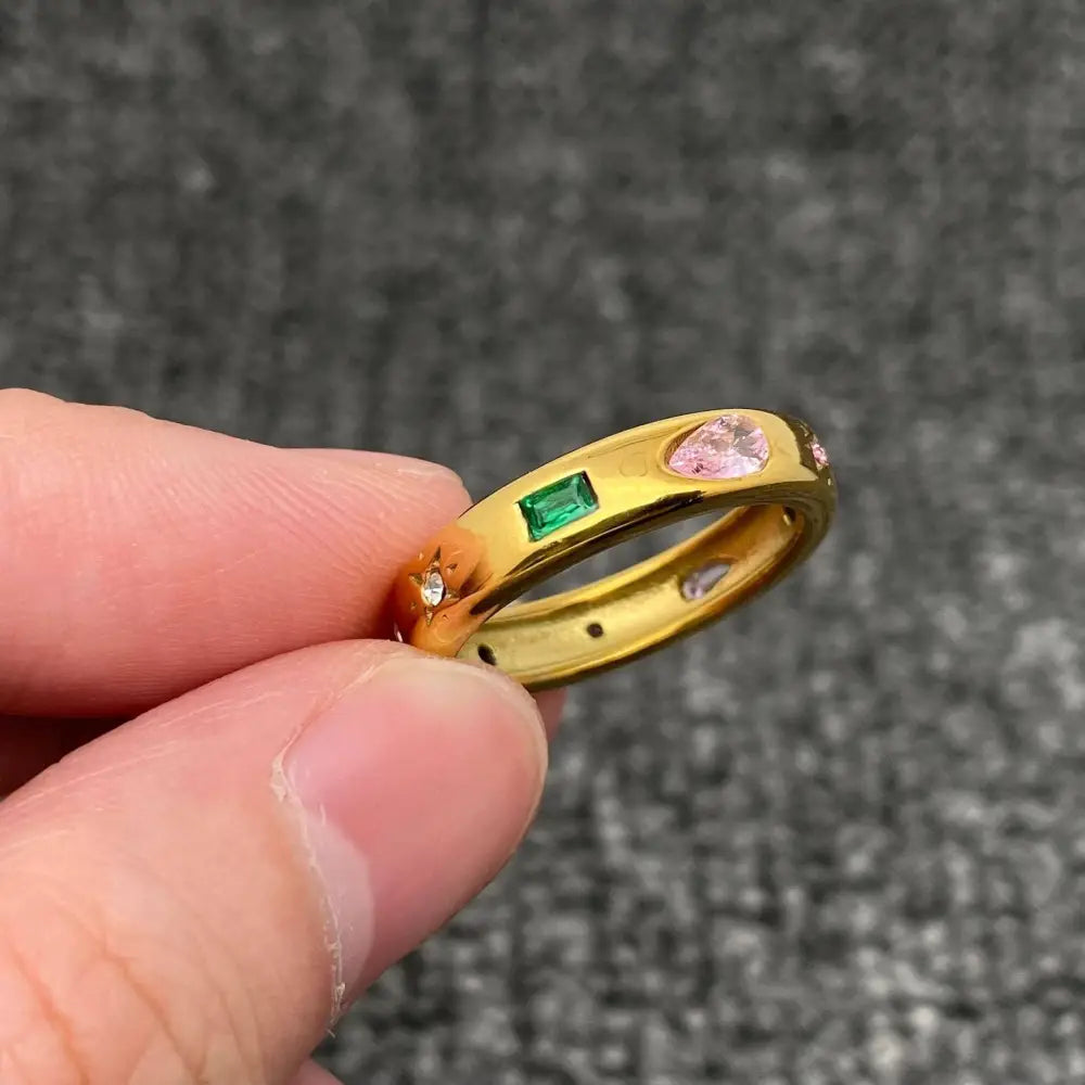 Mio Queena - Inlaid Colored Cubic Zirconia 18K Gold Plated SS Ring -FGS 8 / Golden