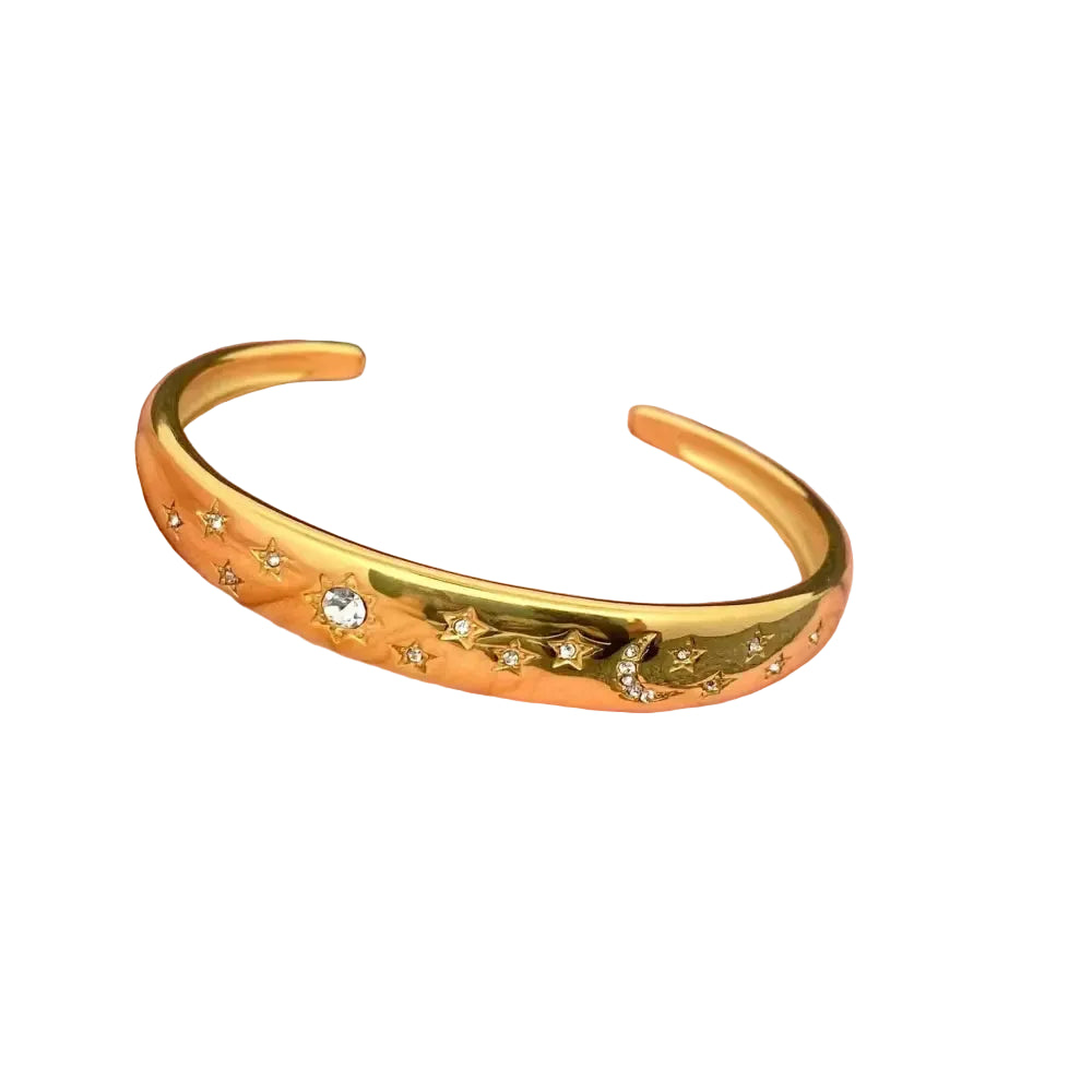 Mio Queena - Inlaid CZ Sun Moon Star 18K Gold Plated SS Cuff - FGS/MS