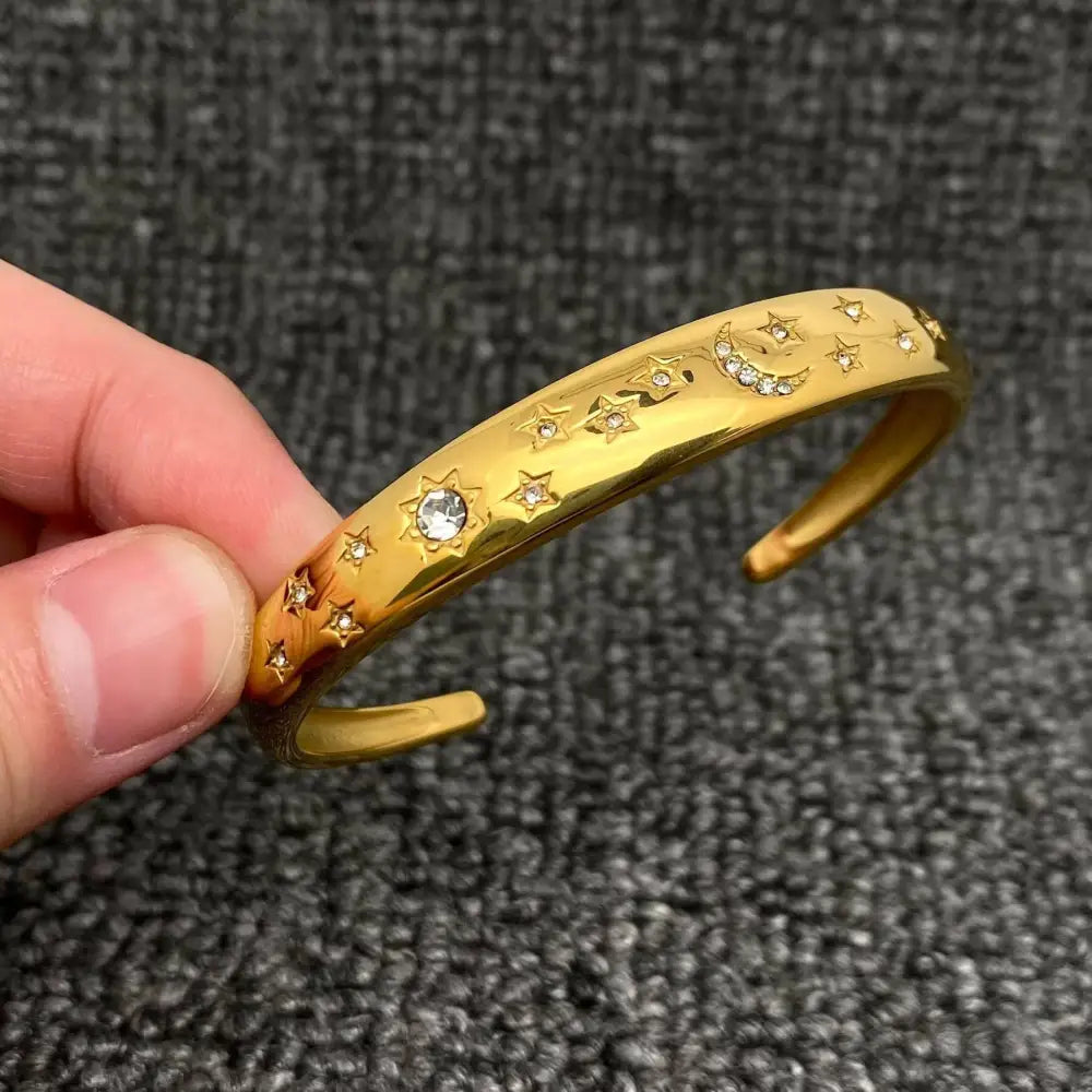 Mio Queena - Inlaid CZ Sun Moon Star 18K Gold Plated SS Cuff - FGS/MS