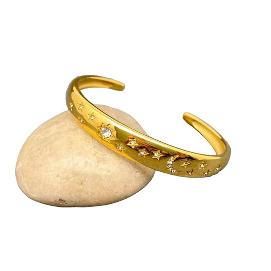 Mio Queena - Inlaid CZ Sun Moon Star 18K Gold Plated SS Cuff - FGS/MS