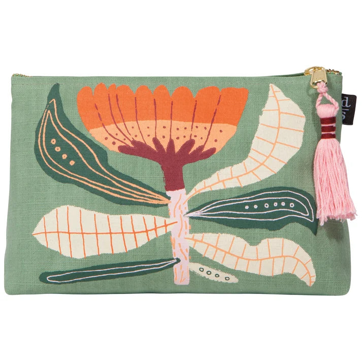Sage green cosmetic bag with a large orange and burgundy botanical flower print and a pink tassel zipper pull – PABOOM