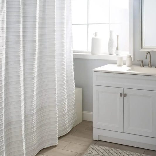 Moda At Home - Trafalgar Shower Curtain Backstitch W/Fringe White 71x71’’