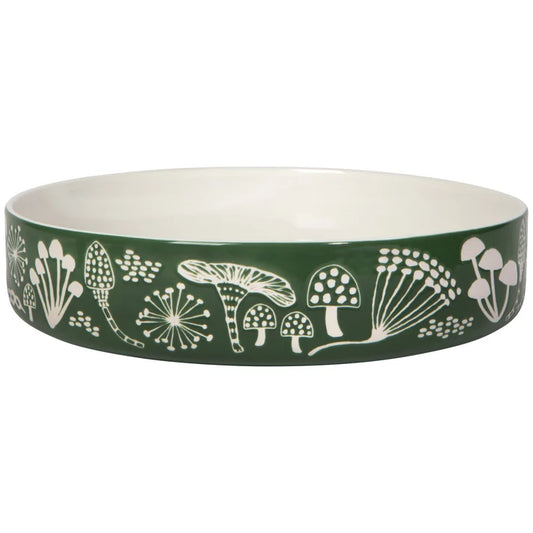 Forest green stoneware serving bowl with a cream mushroom and botanical print around the rim – PABOOM