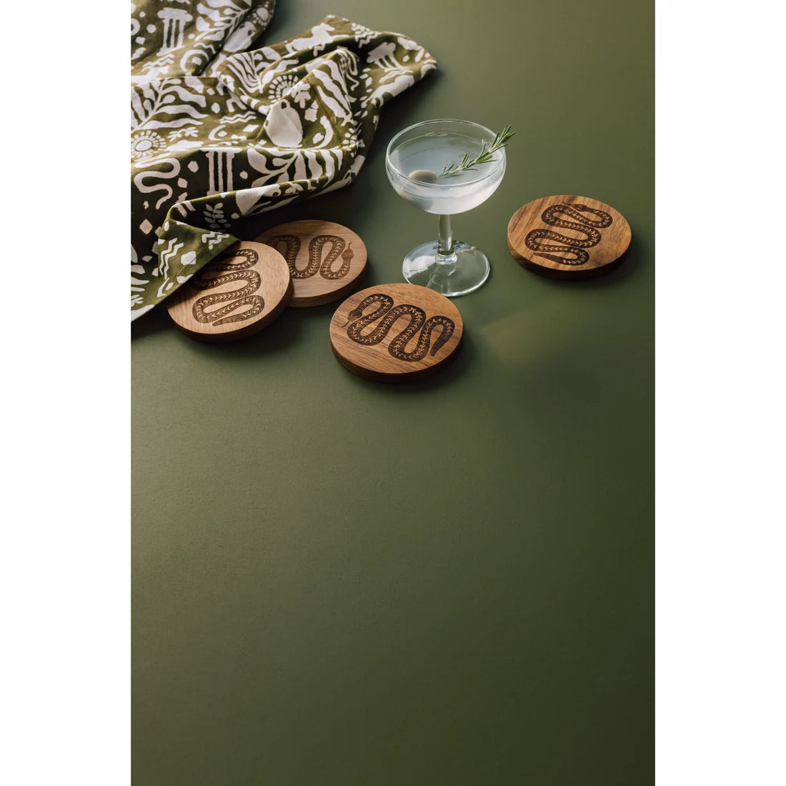 Olympus Engraved Coasters shown individually, highlighting the natural acacia wood grain - PABOOM