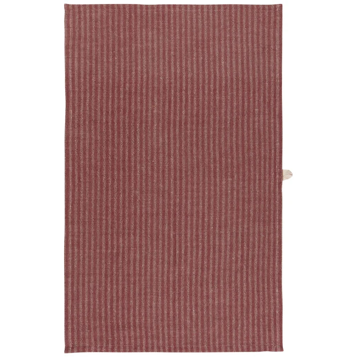 Wine red and cream vertically striped linen-cotton dishtowel with a small wooden hanging tab – PABOOM