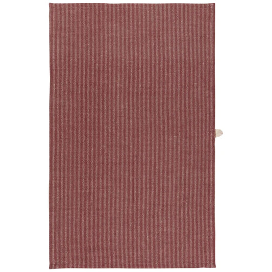 Wine red and cream vertically striped linen-cotton dishtowel with a small wooden hanging tab – PABOOM
