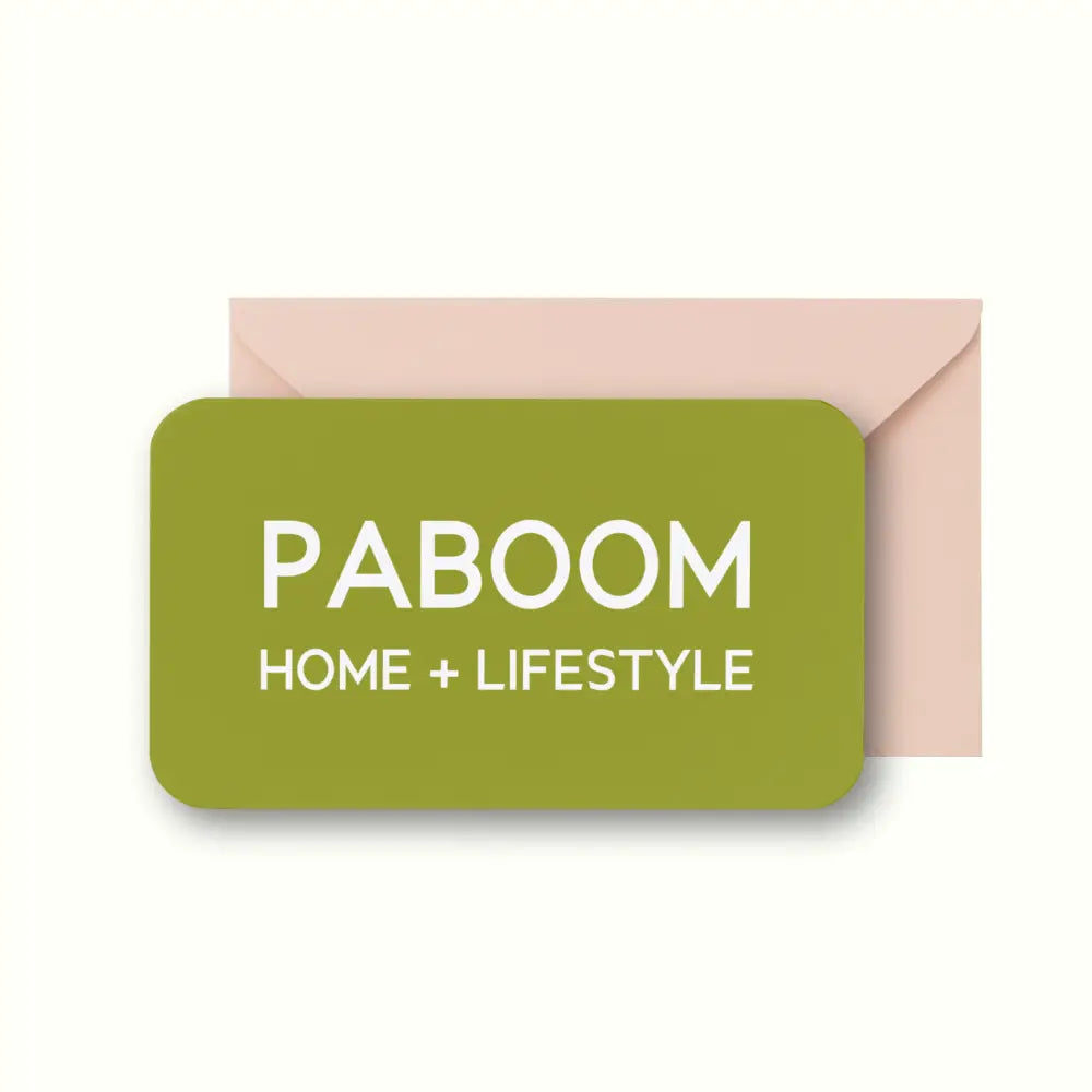 Gift Card (IN-STORE) green with white text "PABOOM Home + Lifestyle. With Pink envelope - PABOOM
