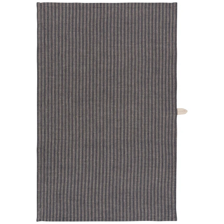 Navy and grey vertically striped linen-cotton dishtowel with a small wooden hanging tab – PABOOM