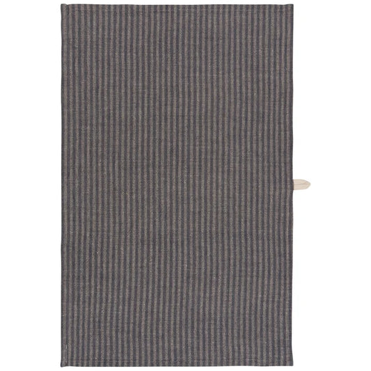 Navy and grey vertically striped linen-cotton dishtowel with a small wooden hanging tab – PABOOM