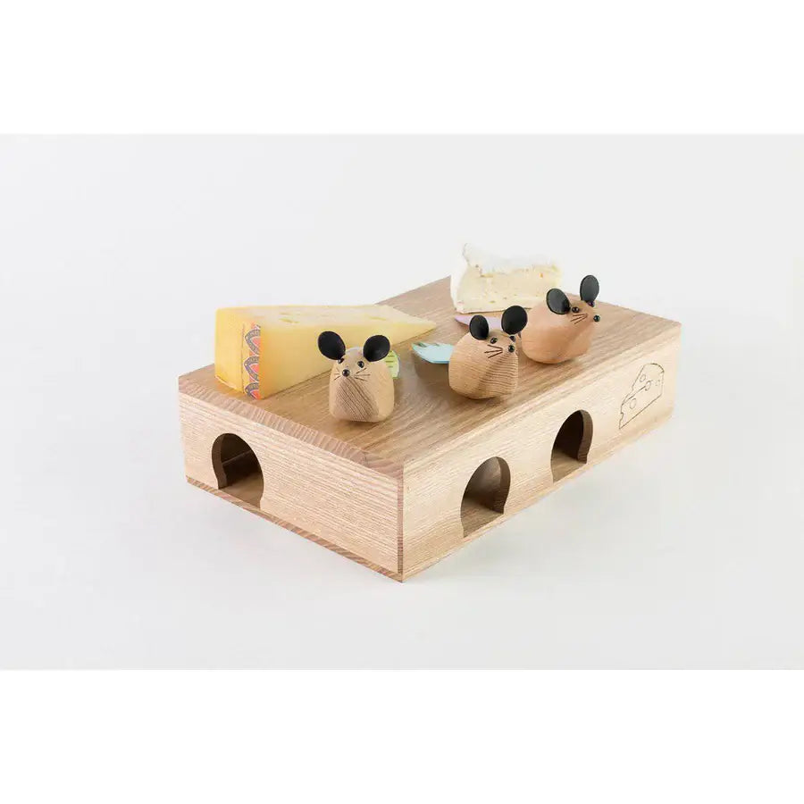 Cutting board box with  mice holes on side and  mice handled knives and cheese on top