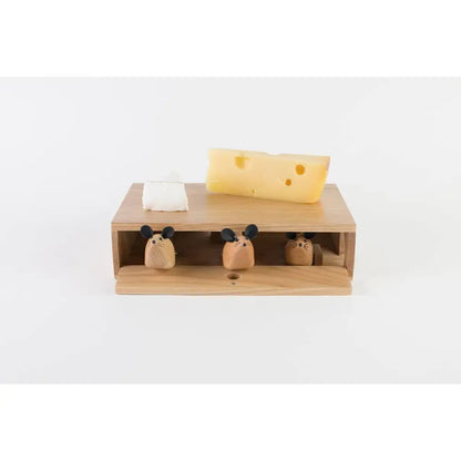 Cutting board box with 3 mice handled knives inside  with cheese on top