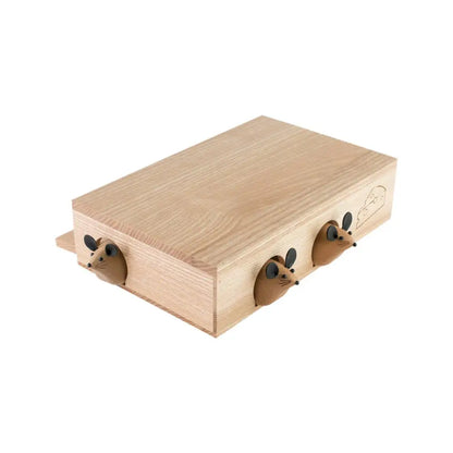 Wood Cutting board box with 3 mice handled knives poking out of mouse holes on the side of box