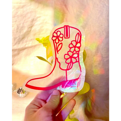Prismatic Kitty - Cowboy Boot Suncatcher Sticker | Pink Window Cling | Western