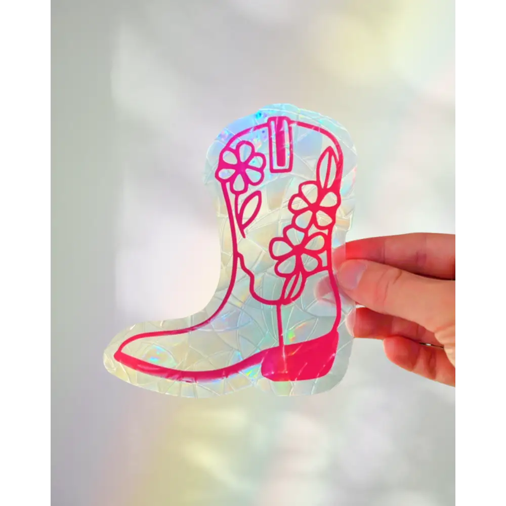 Prismatic Kitty - Cowboy Boot Suncatcher Sticker | Pink Window Cling | Western