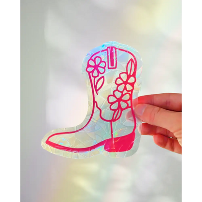 Prismatic Kitty - Cowboy Boot Suncatcher Sticker | Pink Window Cling | Western