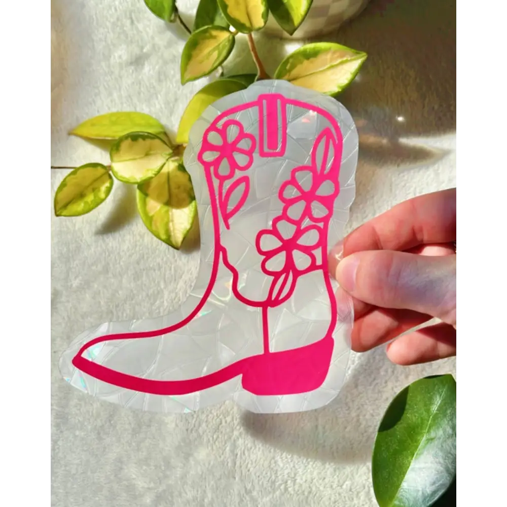 Prismatic Kitty - Cowboy Boot Suncatcher Sticker | Pink Window Cling | Western