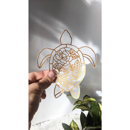 Prismatic Kitty - Sea Turtle Suncatcher | Window Cling | Copper Decor | Hibiscus Floral Pattern