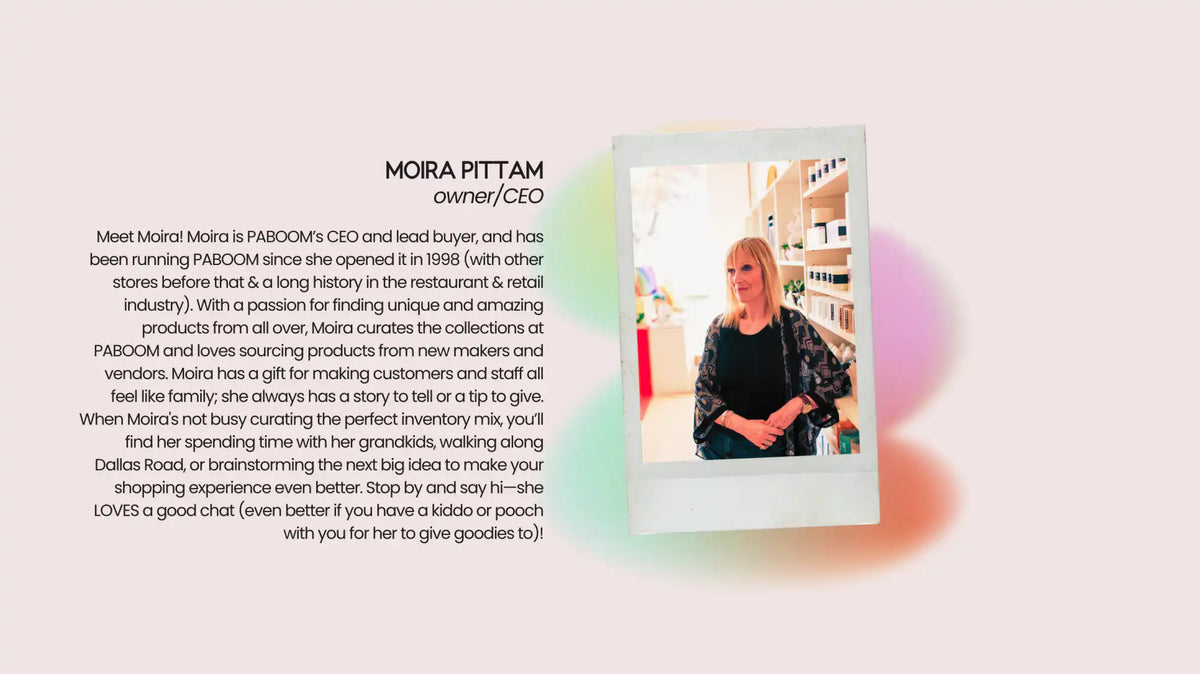 A promotional image for Moira Pittam, owner/CEO of PABOOM, featuring her bio and a photo.