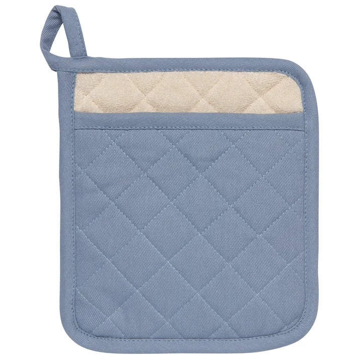 Slate blue quilted pocket potholder with a hanging loop and cream terry cloth lining peeking out – PABOOM