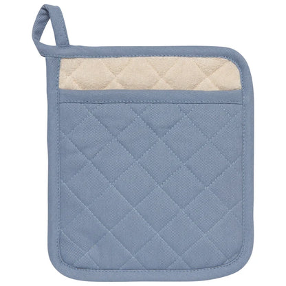 Slate blue quilted pocket potholder with a hanging loop and cream terry cloth lining peeking out – PABOOM