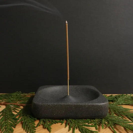 Concrete black square incense holder with burning incense stick | PABOOM