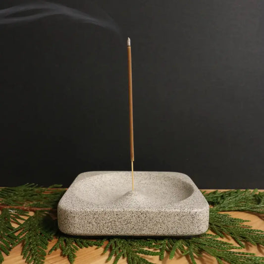Concrete white square incense holder with burning incense stick | PABOOM