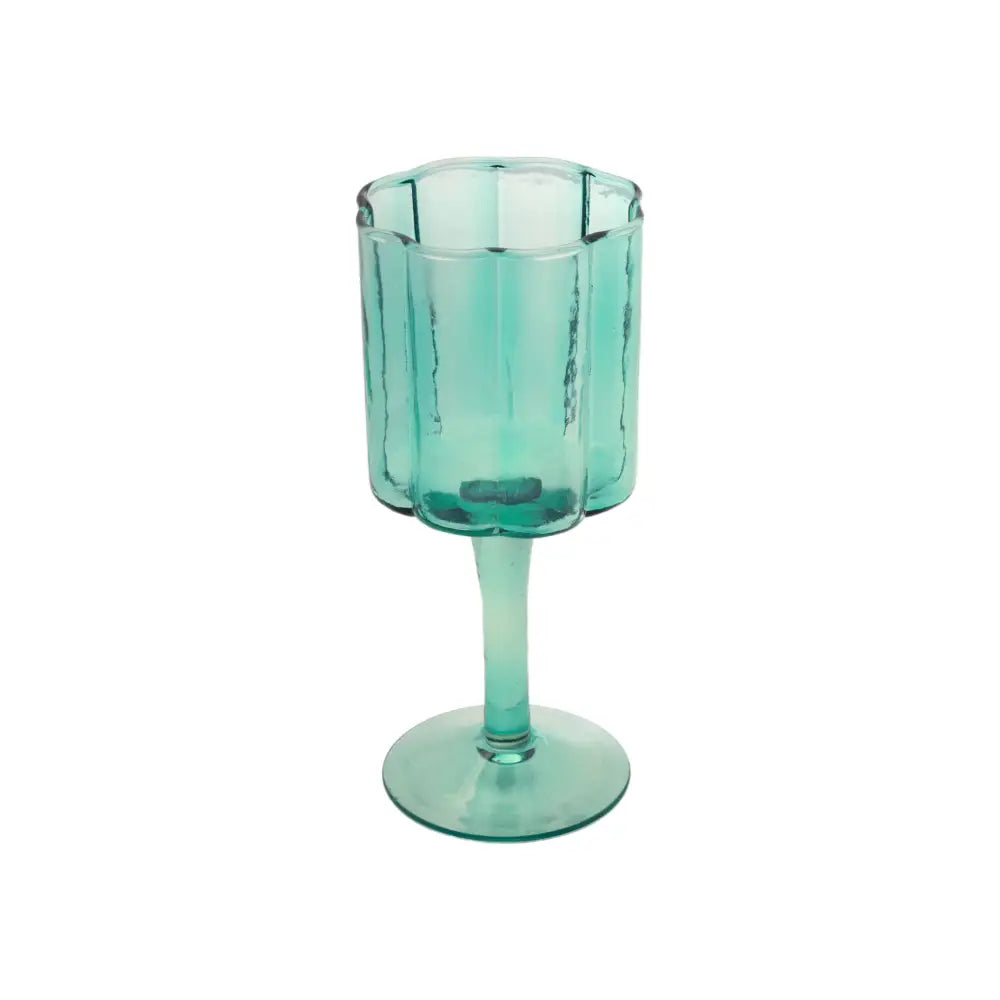 A scalloped sided wine glass that resembles a daisy. Blue, glass. - PABOOM