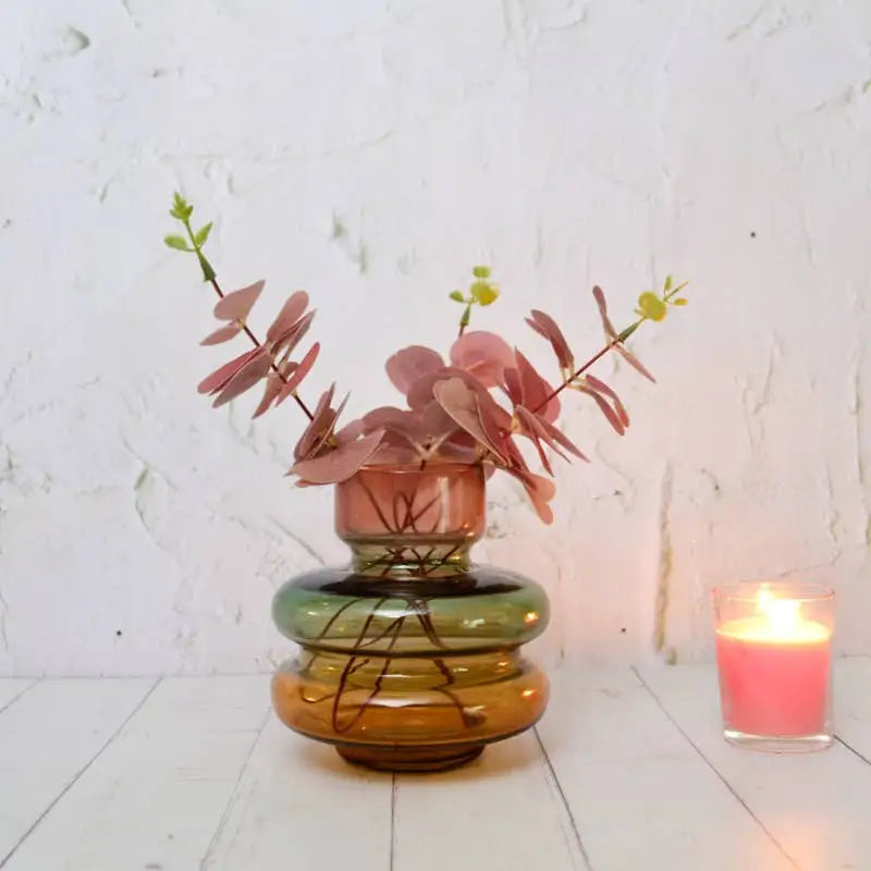 Glass bubble vase with a pink, green and yellow color gradient. Glass. florals in it - PABOOM