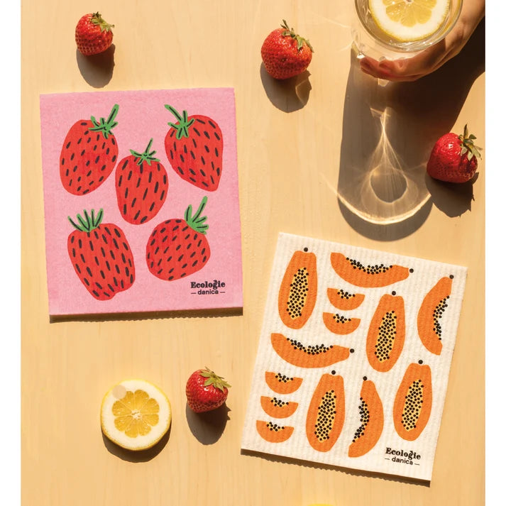 Berry Sweet dishcloth shown wet to demonstrate absorbency – PABOOM