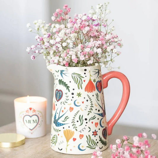 Something Different Wholesale - Cream Folk Print Ceramic Flower Jug