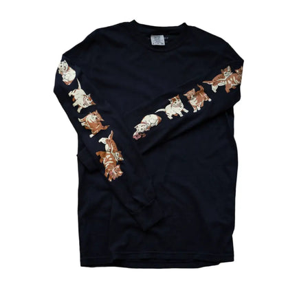 Black Cotton Long Sleeve t-shirt with images of kittens down each sleeve. Cotton, black. PABOOM